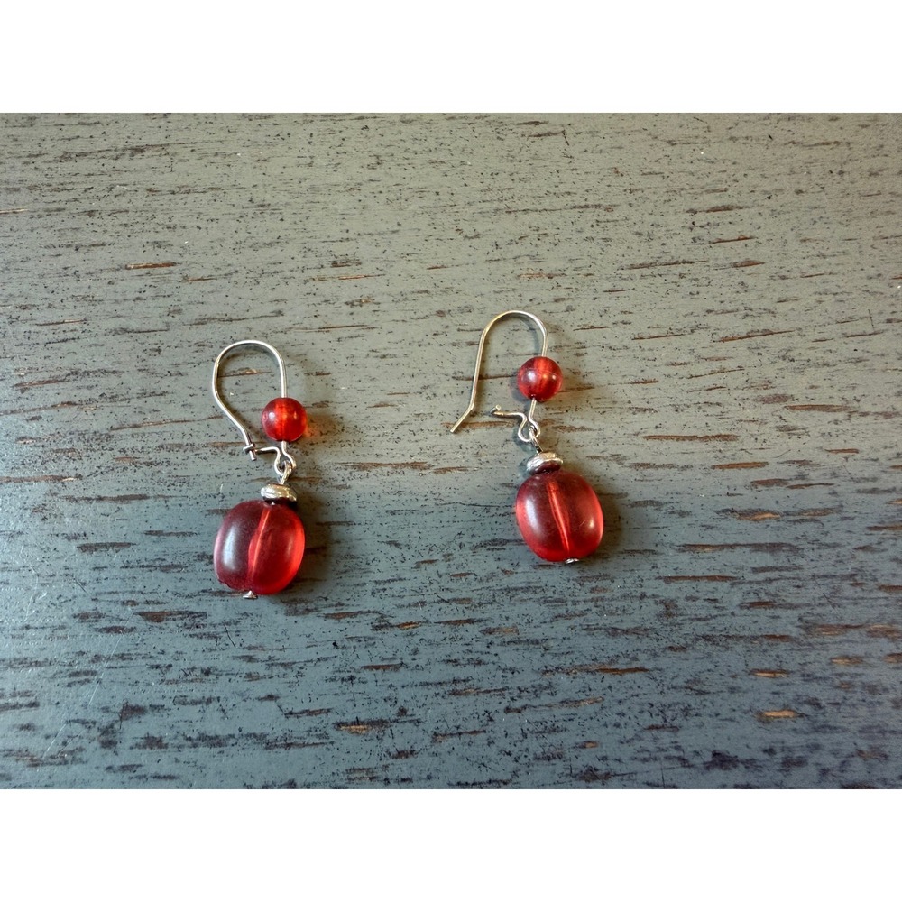 Red Glass Bead Drop Earrings Silver Tone French Hook Dangle Handcrafted Bohemian